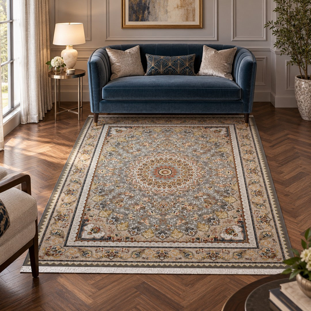 AI-generated interior visualization — 15RD138-0325, rug 225 x 150 cm; illustrative scale.