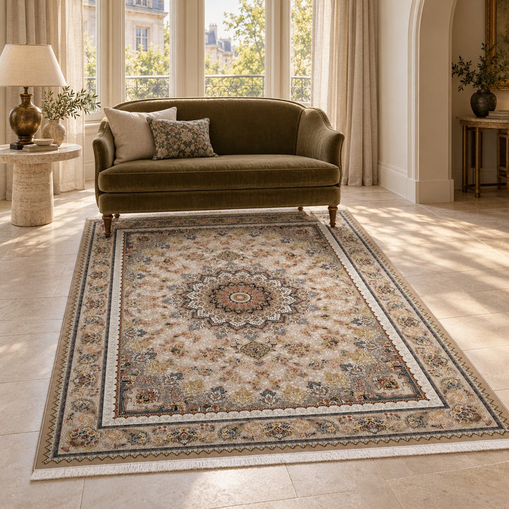 AI-generated interior visualization — 15RD138-0328, rug 225 x 150 cm; illustrative scale.