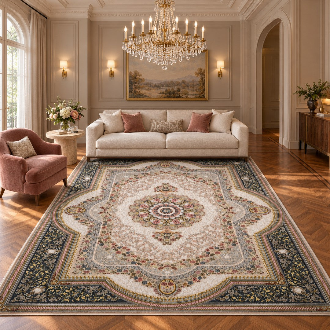 AI-generated interior visualization — 15RD154-0277, rug 400 x 300 cm; illustrative scale.