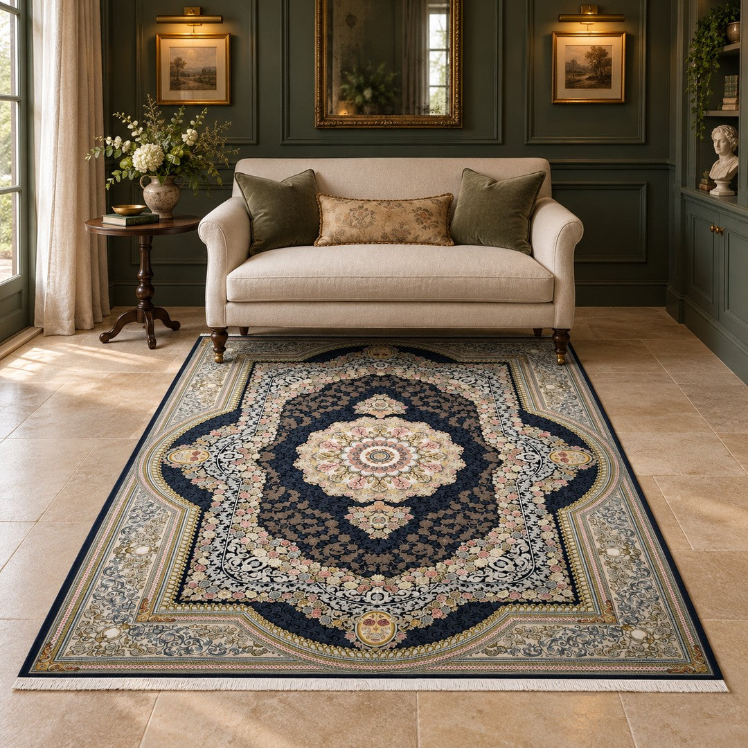 AI-generated interior visualization — 15RD154-0352, rug 225 x 150 cm; illustrative scale.