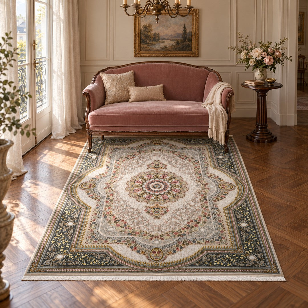 AI-generated interior visualization — 15RD154-0355, rug 225 x 150 cm; illustrative scale.