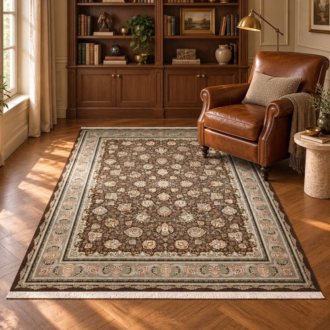 AI-generated interior visualization — 15RD157-0313, rug 225 x 150 cm; illustrative scale.