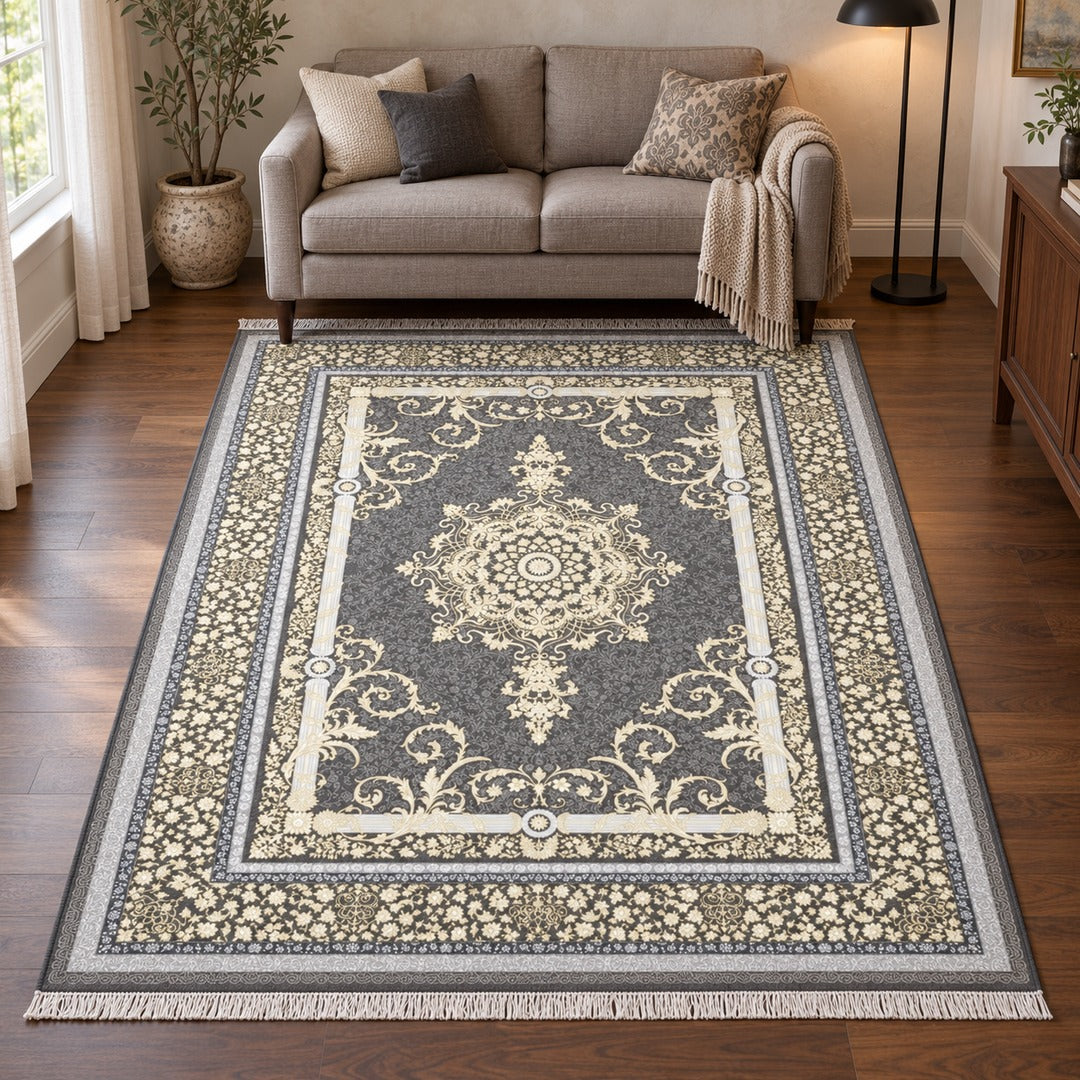 AI-generated interior visualization — 7RD022-0388, rug 225 × 150 cm; illustrative scale.
