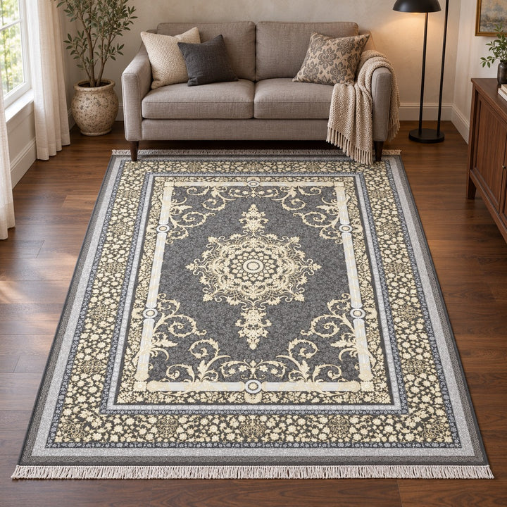 AI-generated interior visualization — 7RD022-0388, rug 225 × 150 cm; illustrative scale.
