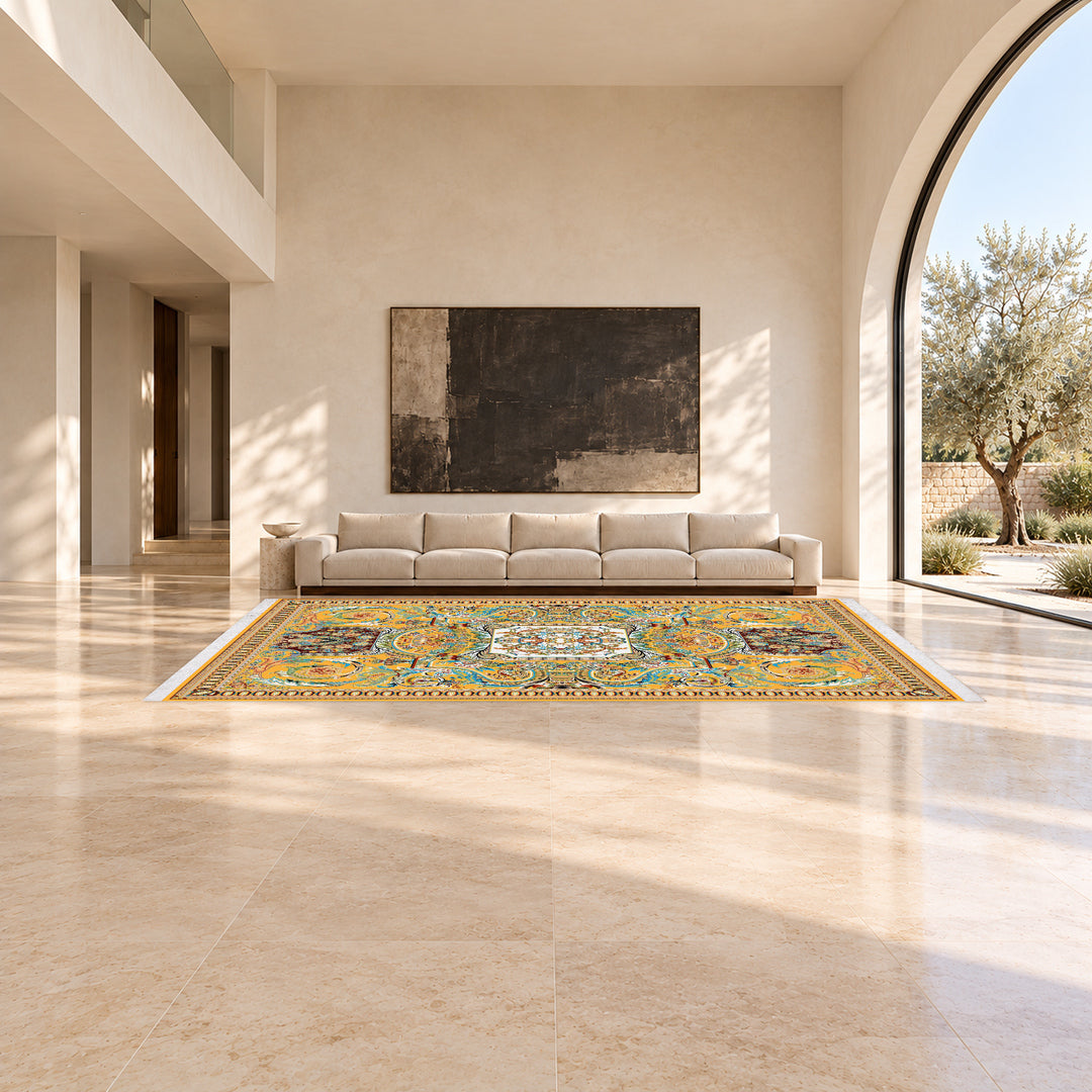 Classic Carpet - Adriatica: original rug image digitally staged in a distinct contemporary home; nominal 600 × 400 cm