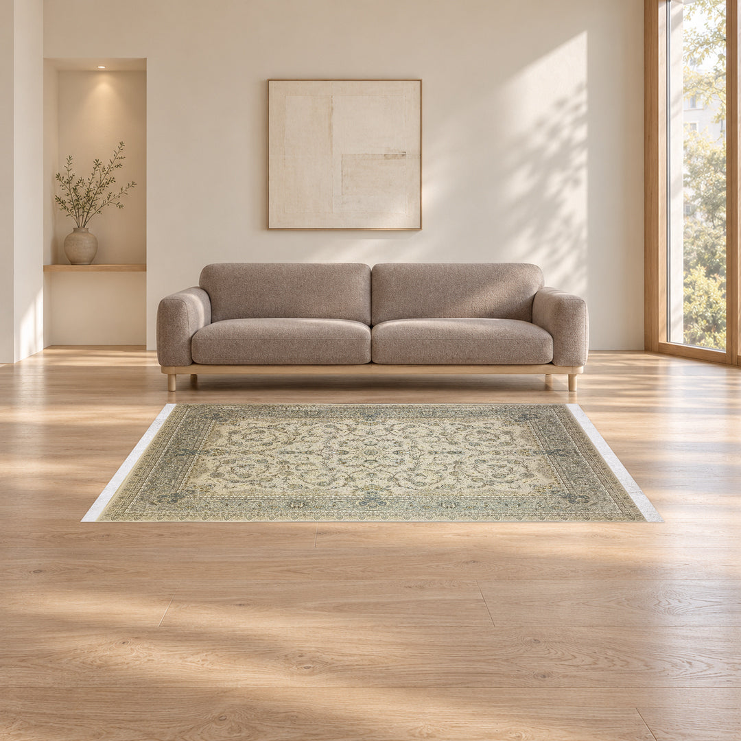 Classic Carpet - Ancient Medallion: original rug image digitally staged in a distinct contemporary home; nominal 225 × 150 cm