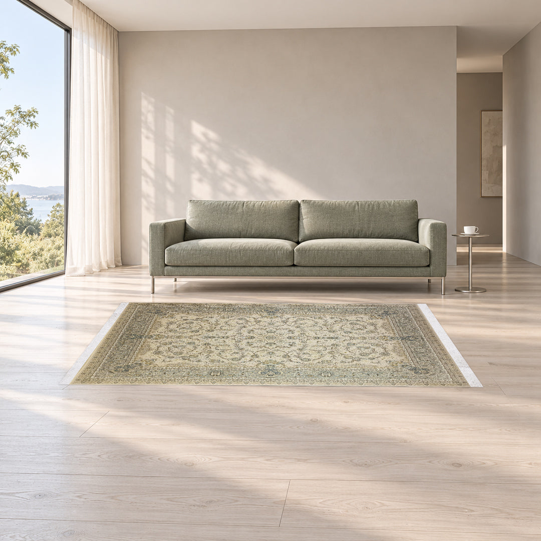 Classic Carpet - Ancient Medallion: original rug image digitally staged in a distinct contemporary home; nominal 225 × 150 cm