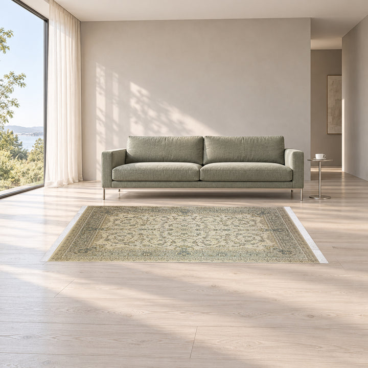 Classic Carpet - Ancient Medallion: original rug image digitally staged in a distinct contemporary home; nominal 225 × 150 cm