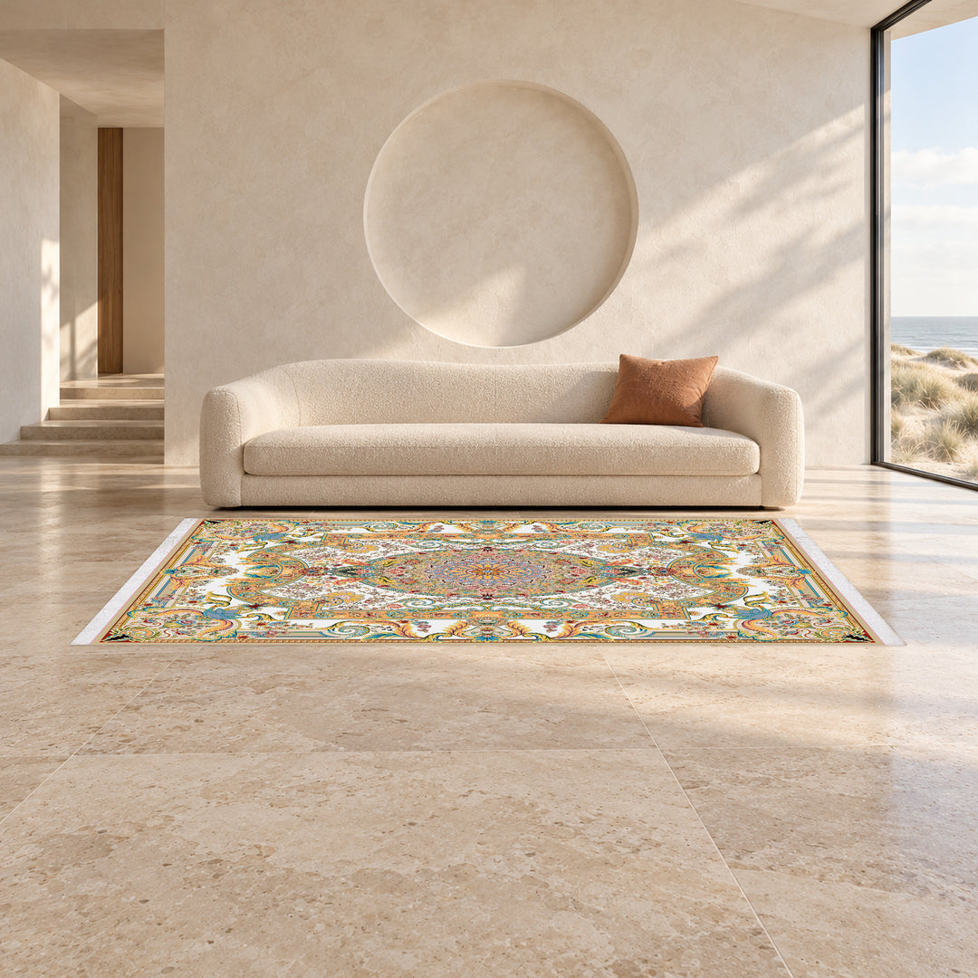 Classic Carpet - Andora: original rug image digitally staged in a distinct contemporary home; nominal 300 × 200 cm