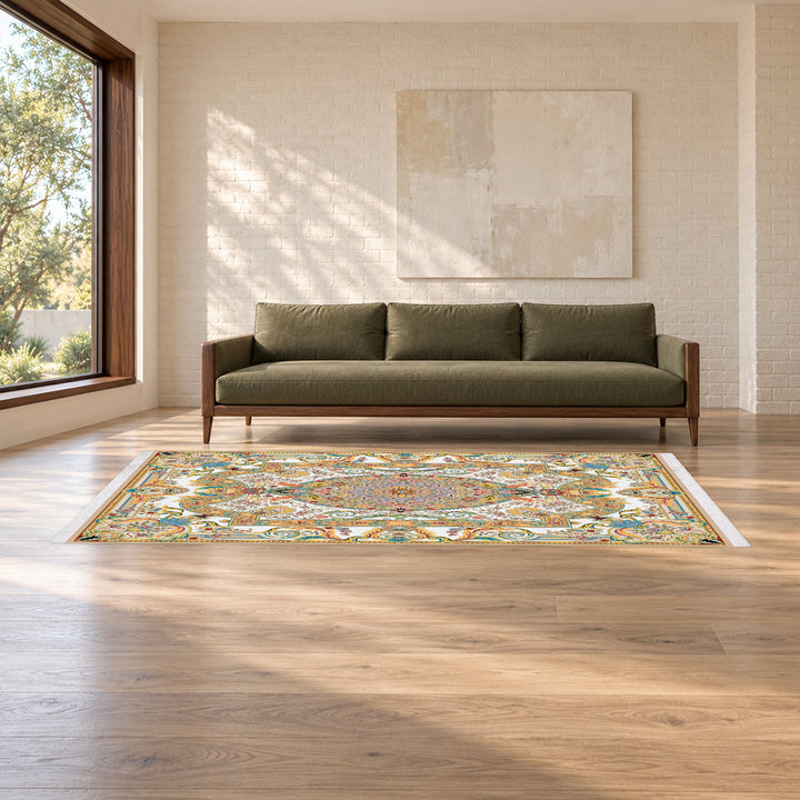 Classic Carpet - Andora: original rug image digitally staged in a distinct contemporary home; nominal 300 × 200 cm