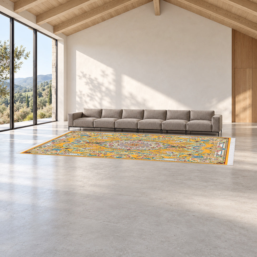 Classic Carpet - Andora: original rug image digitally staged in a distinct contemporary home; nominal 600 × 400 cm