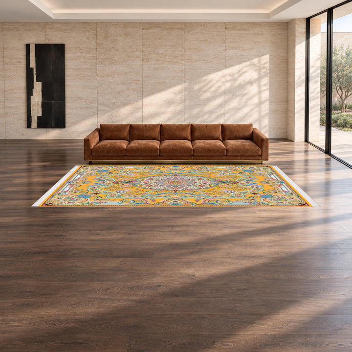 Classic Carpet - Andora: original rug image digitally staged in a distinct contemporary home; nominal 600 × 400 cm