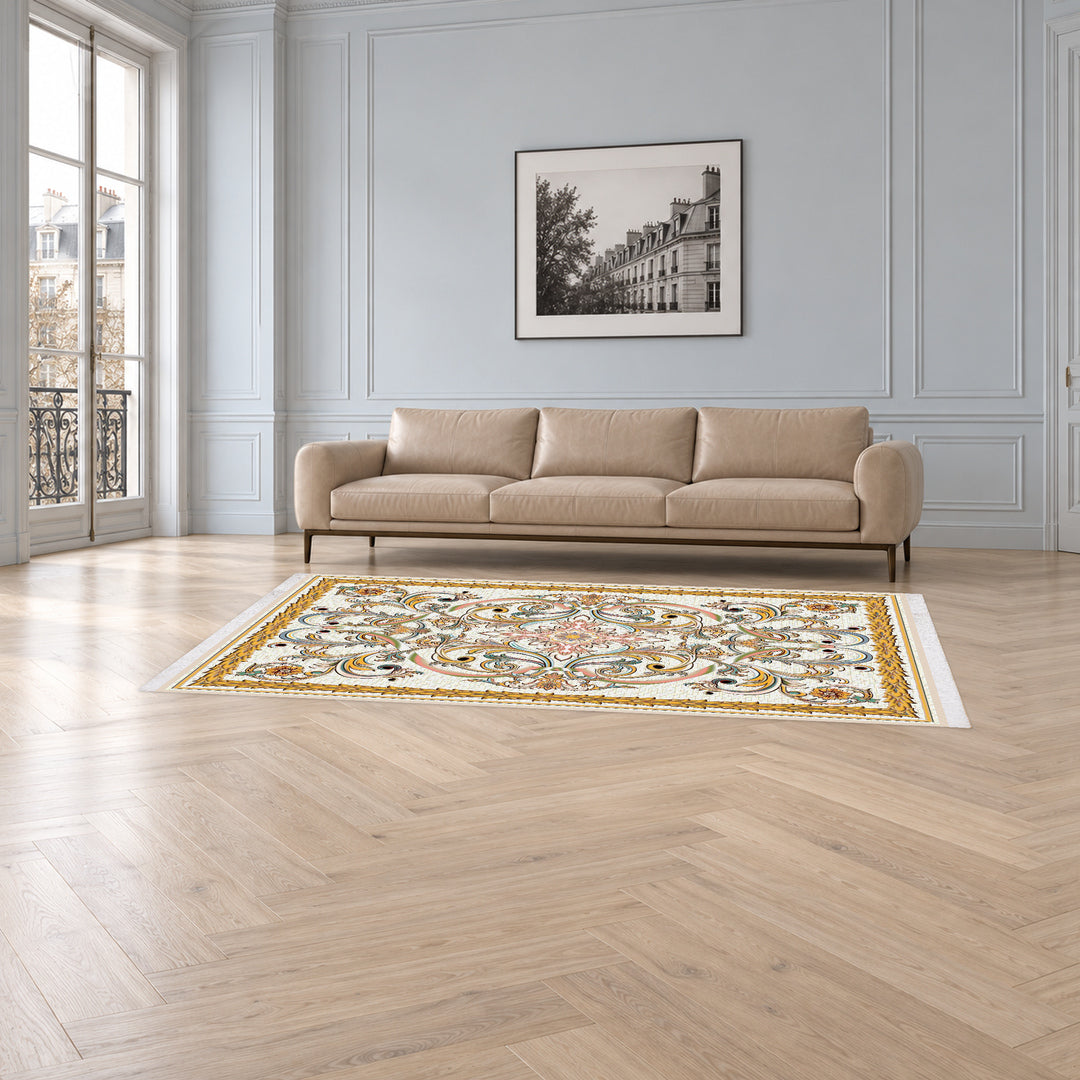 Classic Carpet - Arcadia: original rug image digitally staged in a distinct contemporary home; nominal 300 × 200 cm