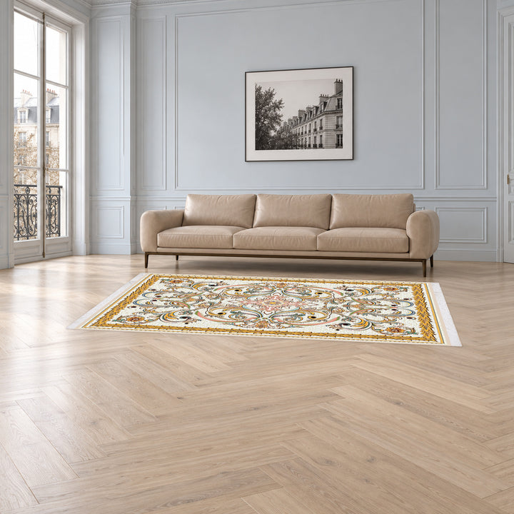 Classic Carpet - Arcadia: original rug image digitally staged in a distinct contemporary home; nominal 300 × 200 cm