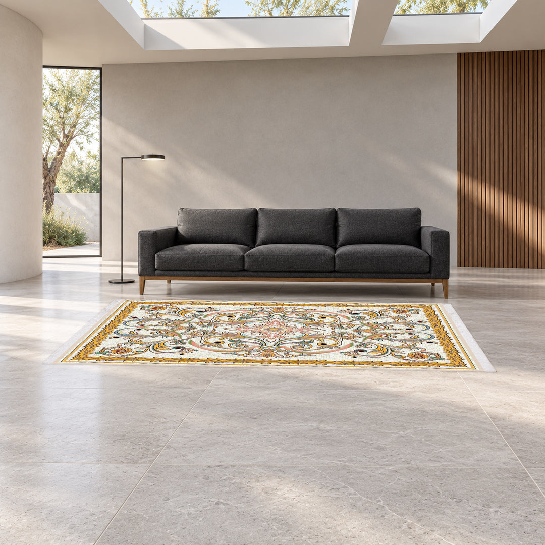Classic Carpet - Arcadia: original rug image digitally staged in a distinct contemporary home; nominal 300 × 200 cm