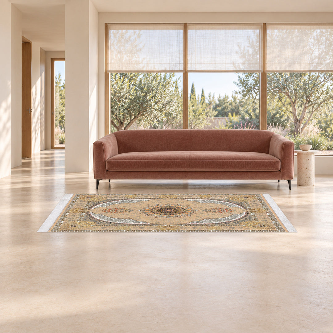 Classic Carpet - Artisan Mark: original rug image digitally staged in a distinct contemporary home; nominal 225 × 150 cm