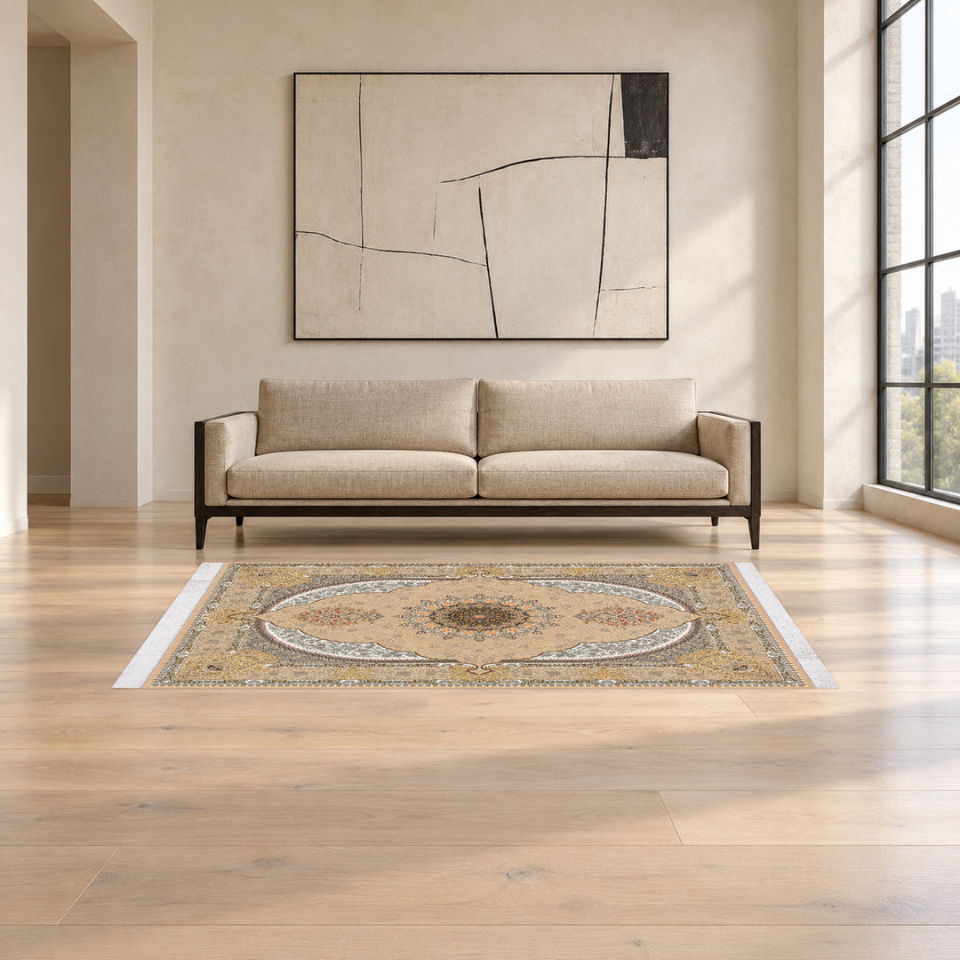 Classic Carpet - Artisan Mark: original rug image digitally staged in a distinct contemporary home; nominal 225 × 150 cm