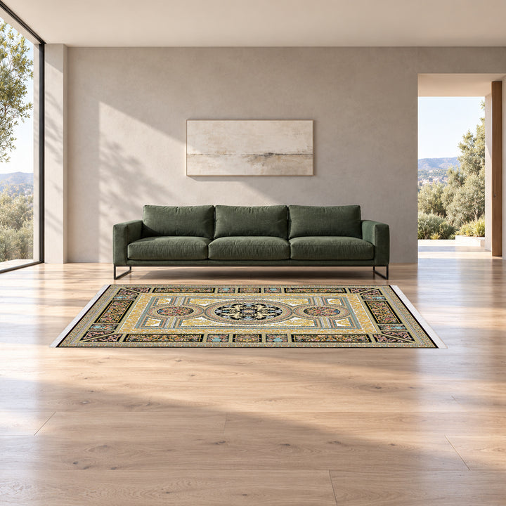Classic Carpet - Athenia: original rug image digitally staged in a distinct contemporary home; nominal 300 × 200 cm
