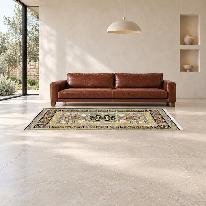 Classic Carpet - Athenia: original rug image digitally staged in a distinct contemporary home; nominal 300 × 200 cm