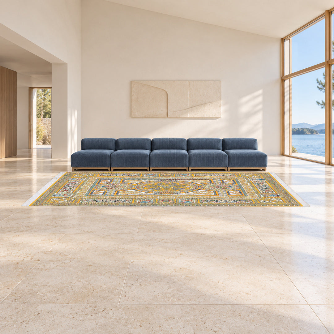 Classic Carpet - Athenia: original rug image digitally staged in a distinct contemporary home; nominal 600 × 400 cm