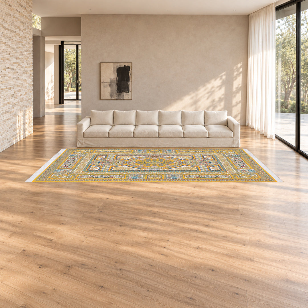 Classic Carpet - Athenia: original rug image digitally staged in a distinct contemporary home; nominal 600 × 400 cm