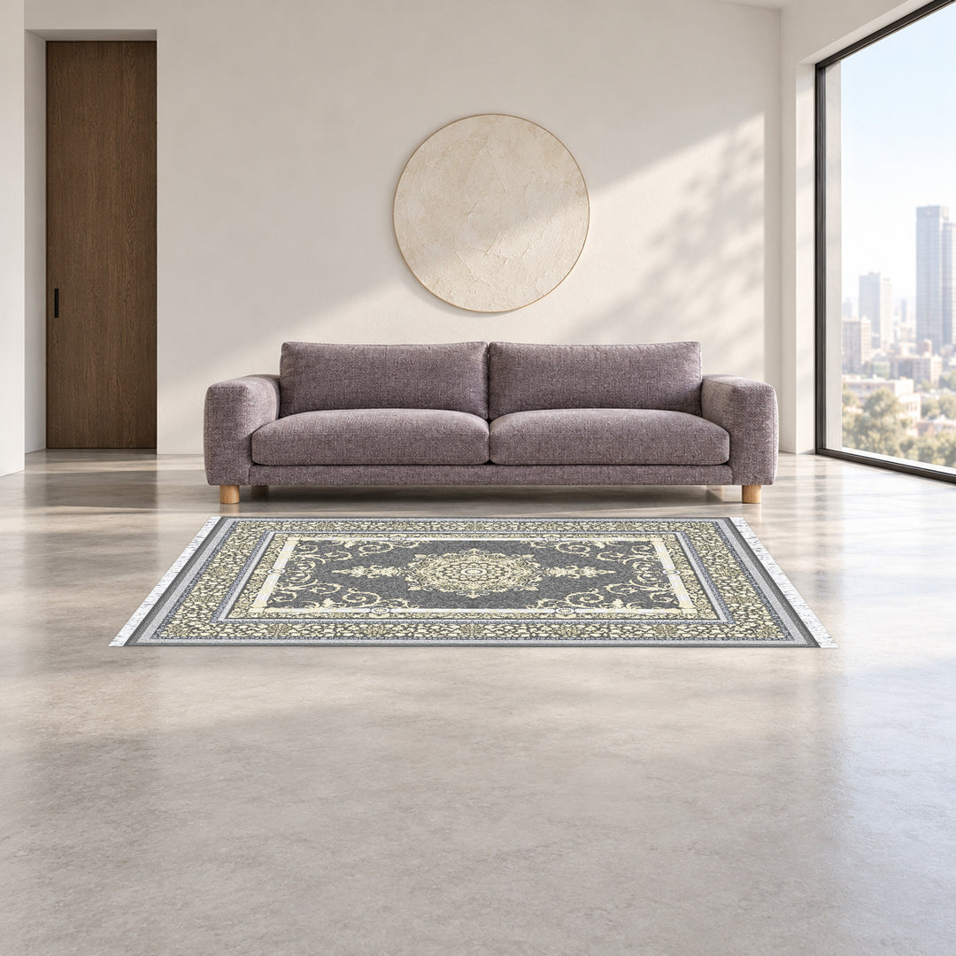 Classic Carpet - Castello: original rug image digitally staged in a distinct contemporary home; nominal 225 × 150 cm
