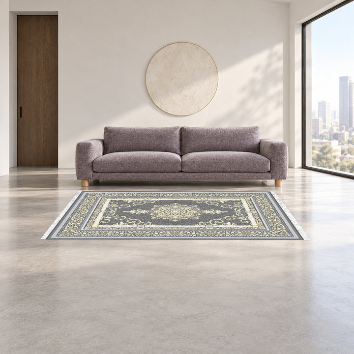 Classic Carpet - Castello: original rug image digitally staged in a distinct contemporary home; nominal 225 × 150 cm
