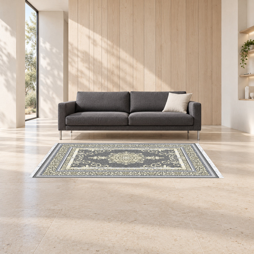 Classic Carpet - Castello: original rug image digitally staged in a distinct contemporary home; nominal 225 × 150 cm