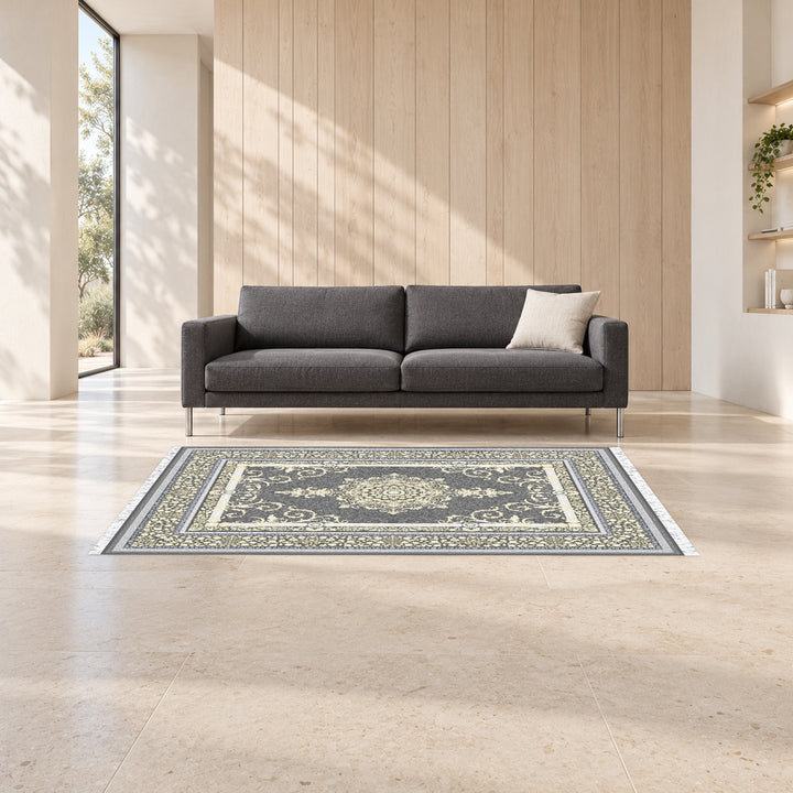Classic Carpet - Castello: original rug image digitally staged in a distinct contemporary home; nominal 225 × 150 cm