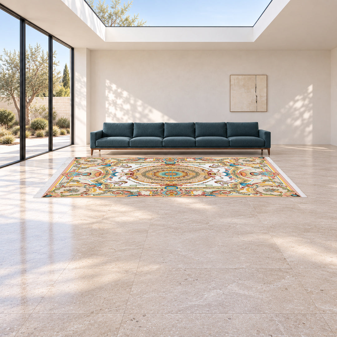 Classic Carpet - Diamanta: original rug image digitally staged in a distinct contemporary home; nominal 600 × 400 cm