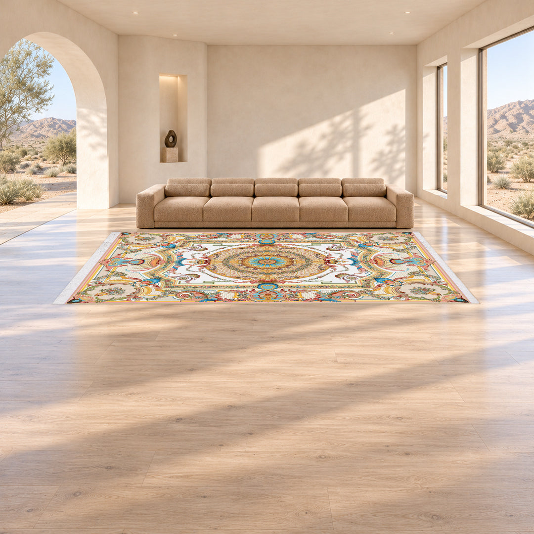 Classic Carpet - Diamanta: original rug image digitally staged in a distinct contemporary home; nominal 600 × 400 cm
