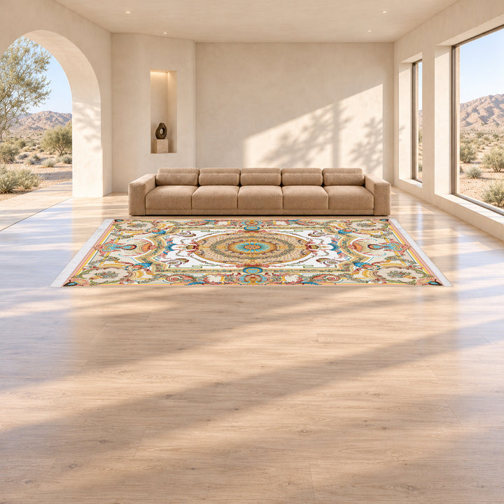 Classic Carpet - Diamanta: original rug image digitally staged in a distinct contemporary home; nominal 600 × 400 cm