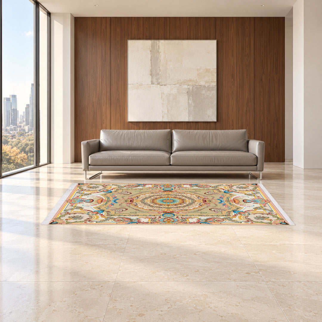 Classic Carpet - Diamanta: original rug image digitally staged in a distinct contemporary home; nominal 300 × 200 cm