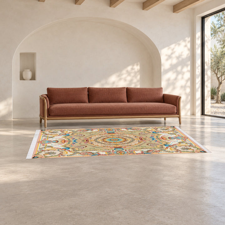 Classic Carpet - Diamanta: original rug image digitally staged in a distinct contemporary home; nominal 300 × 200 cm