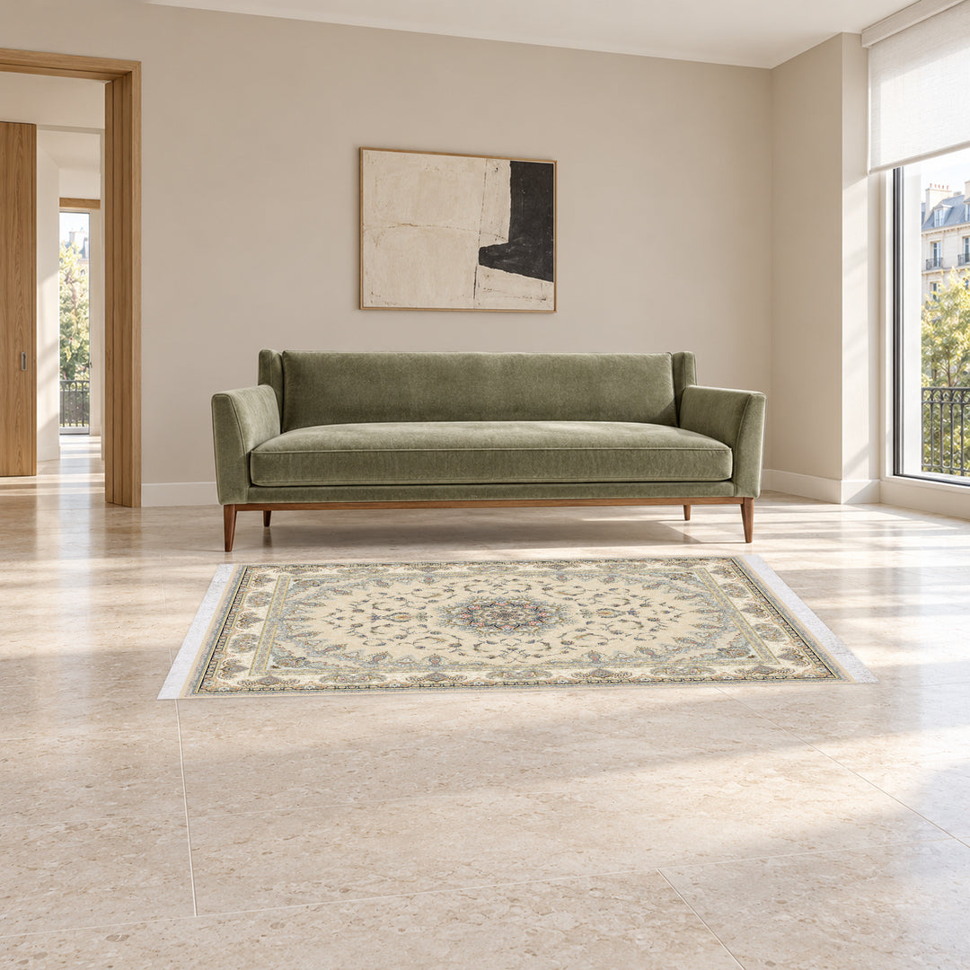 Classic Carpet - Eternal Line: original rug image digitally staged in a distinct contemporary home; nominal 225 × 150 cm