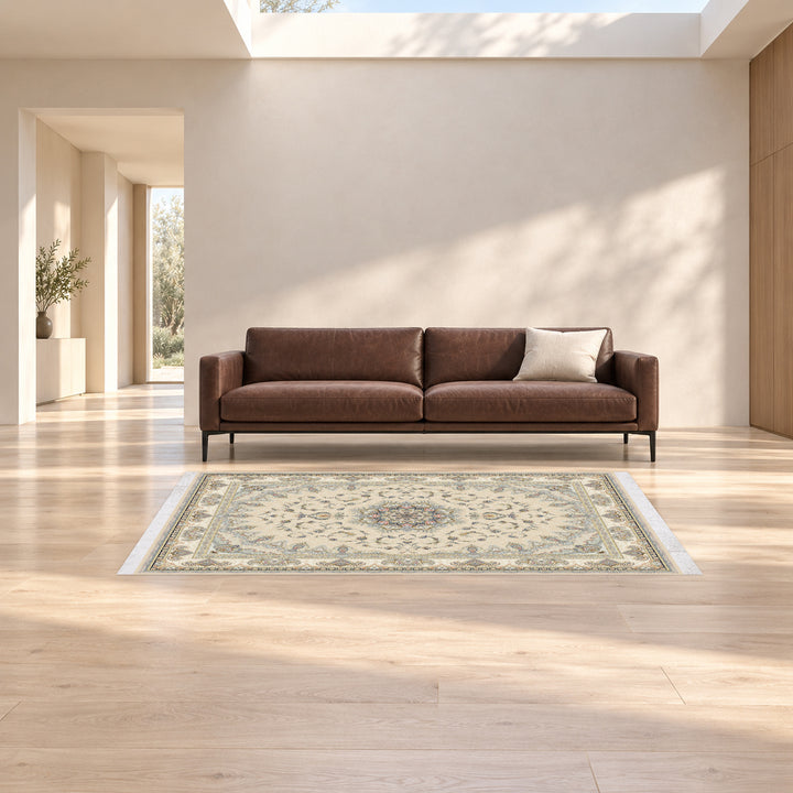 Classic Carpet - Eternal Line: original rug image digitally staged in a distinct contemporary home; nominal 225 × 150 cm