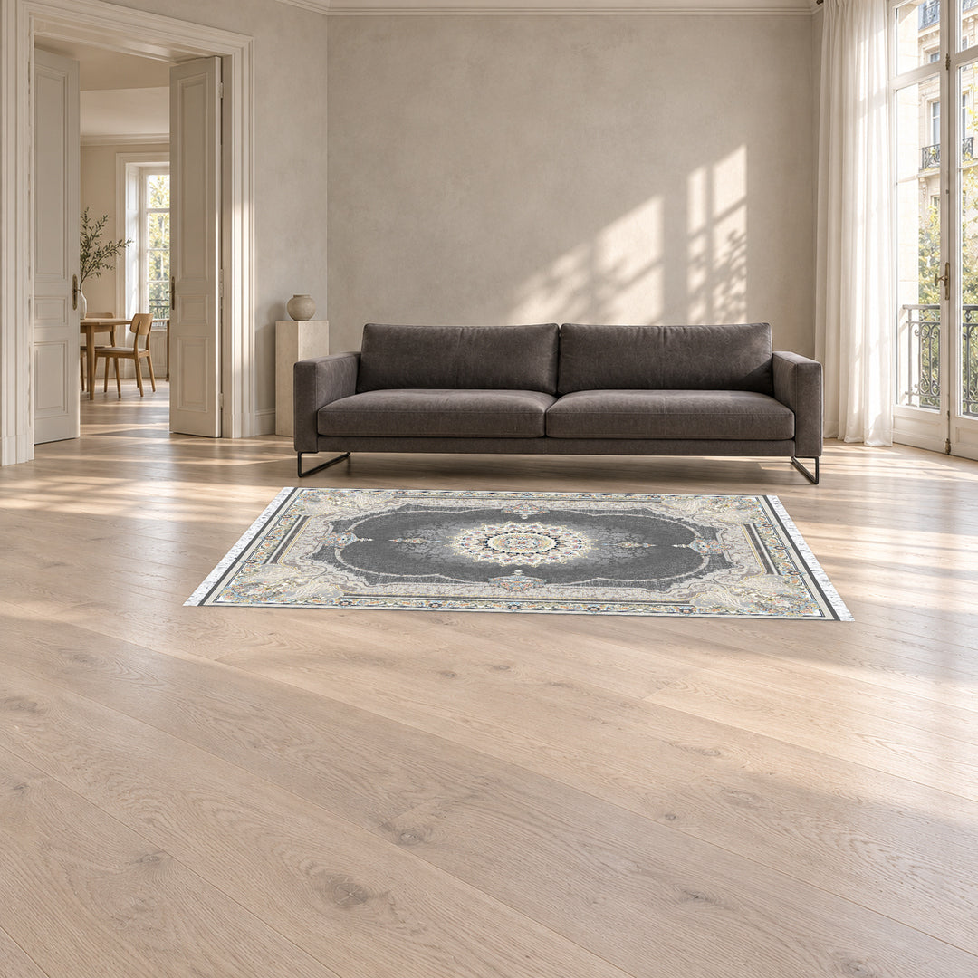 Classic Carpet - Florentia: original rug image digitally staged in a distinct contemporary home; nominal 225 × 150 cm