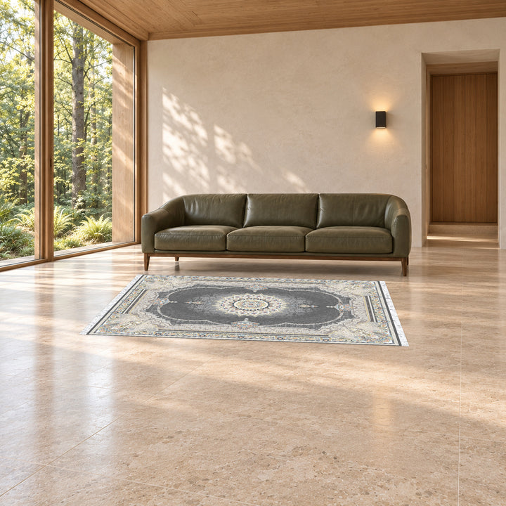 Classic Carpet - Florentia: original rug image digitally staged in a distinct contemporary home; nominal 225 × 150 cm