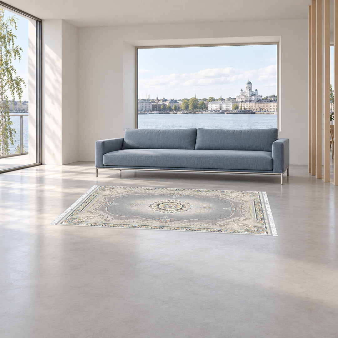 Classic Carpet - Florentia: original rug image digitally staged in a distinct contemporary home; nominal 225 × 150 cm