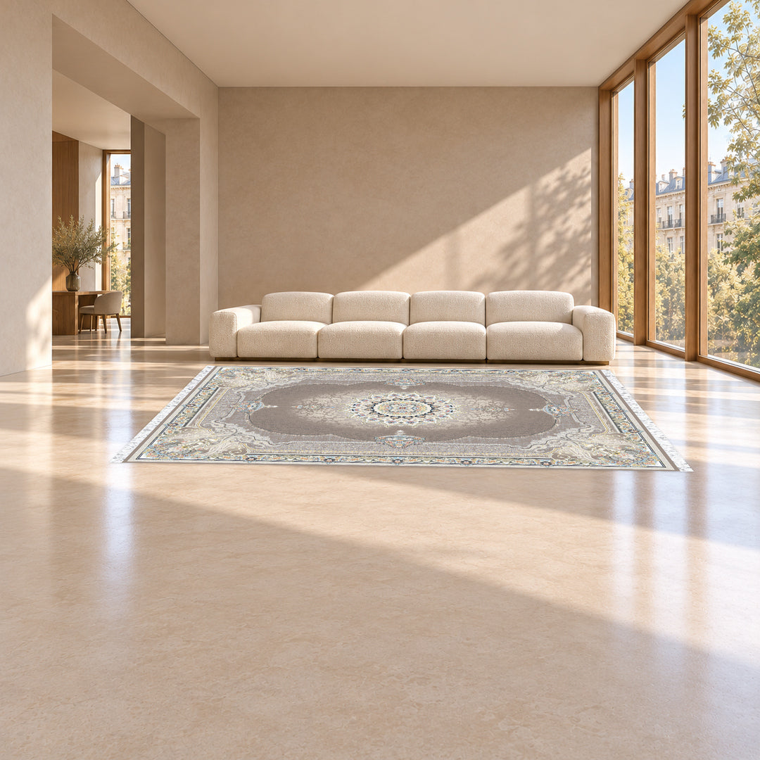 Classic Carpet - Florentia: original rug image digitally staged in a distinct contemporary home; nominal 400 × 300 cm