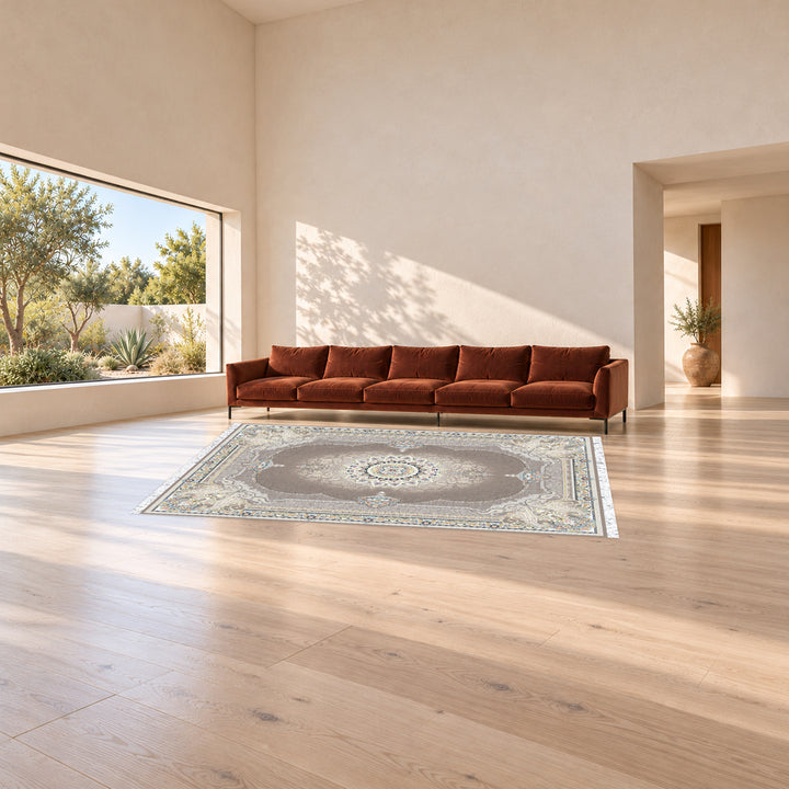 Classic Carpet - Florentia: original rug image digitally staged in a distinct contemporary home; nominal 400 × 300 cm