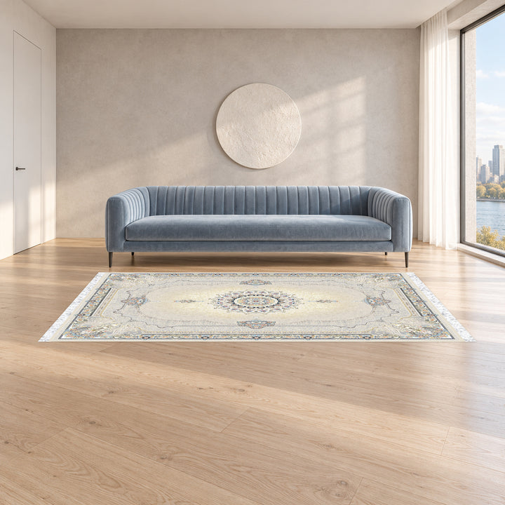 Classic Carpet - Florentia: original rug image digitally staged in a distinct contemporary home; nominal 300 × 200 cm