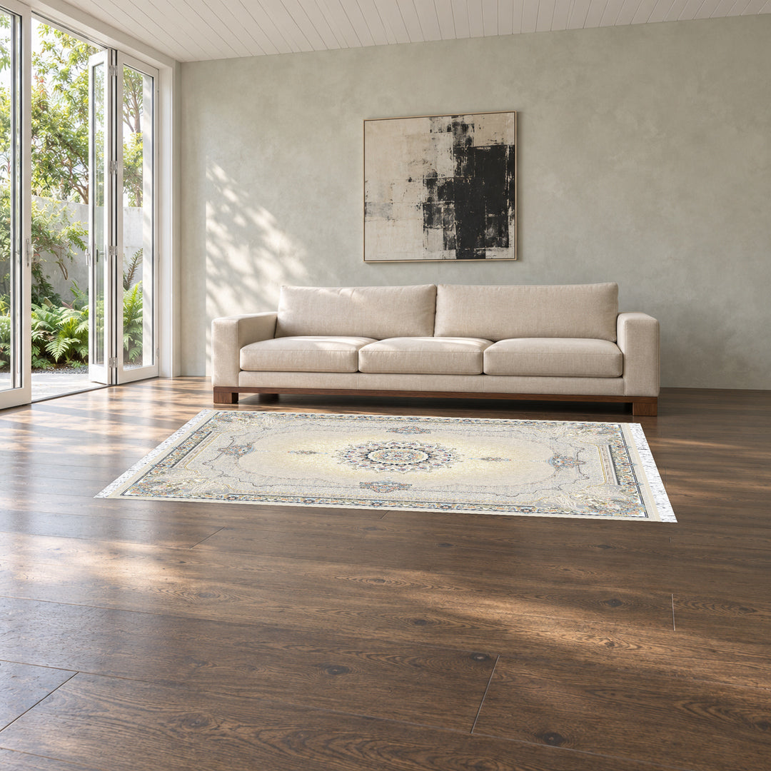 Classic Carpet - Florentia: original rug image digitally staged in a distinct contemporary home; nominal 300 × 200 cm
