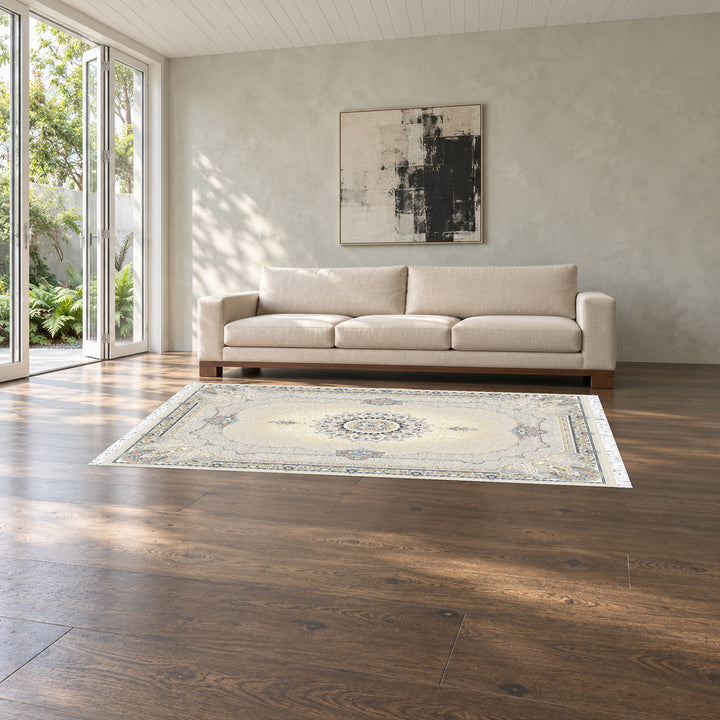 Classic Carpet - Florentia: original rug image digitally staged in a distinct contemporary home; nominal 300 × 200 cm