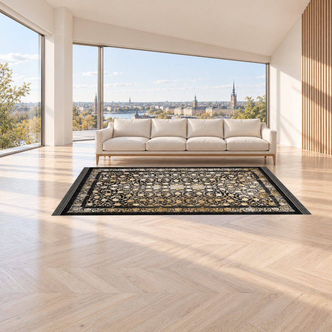 Classic Carpet - Florina: original rug image digitally staged in a distinct contemporary home; nominal 400 × 300 cm