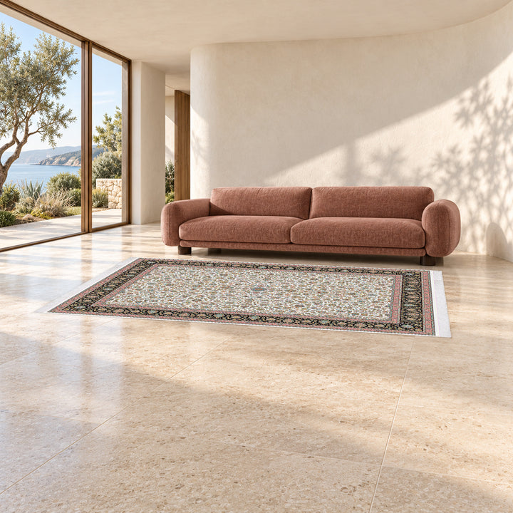 Classic Carpet - Florina: original rug image digitally staged in a distinct contemporary home; nominal 300 × 200 cm