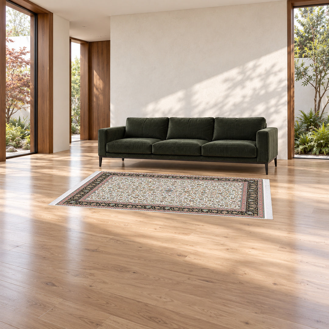 Classic Carpet - Florina: original rug image digitally staged in a distinct contemporary home; nominal 300 × 200 cm
