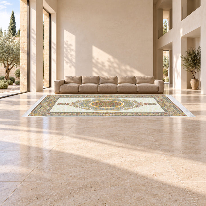 Classic Carpet - Florique: original rug image digitally staged in a distinct contemporary home; nominal 600 × 400 cm
