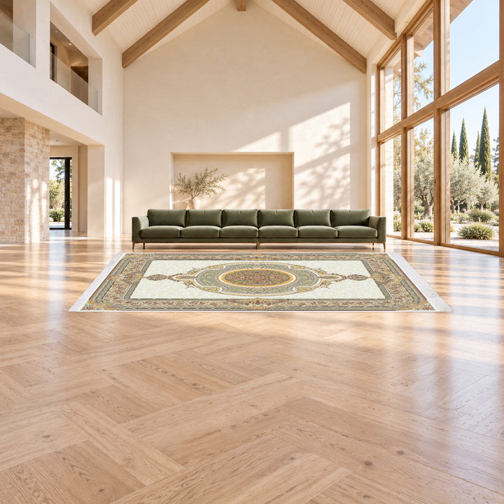 Classic Carpet - Florique: original rug image digitally staged in a distinct contemporary home; nominal 600 × 400 cm