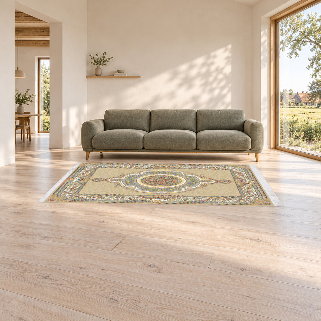 Classic Carpet - Florique: original rug image digitally staged in a distinct contemporary home; nominal 300 × 200 cm